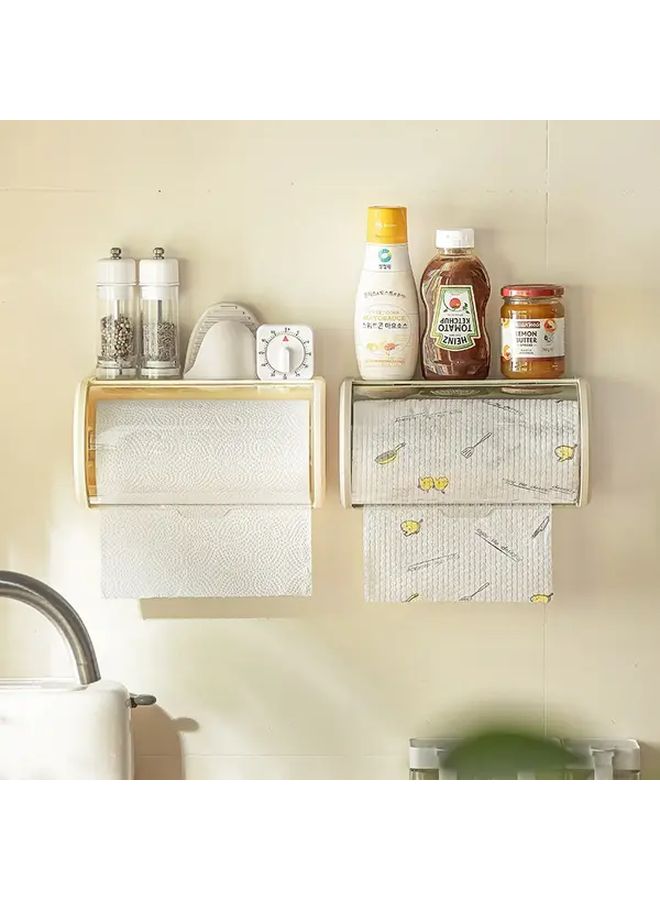 حامل مناشف ورقية أبيض مثبت على الحائط مع غطاء شفاف صندوق تخزين متعدد الأقسام منظم لتوفير المساحة - Image 2